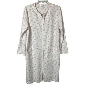 Miss Elaines Women's Pale Pink Floral Flannel Snap Front House Coat Robe  Size M